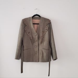 Vintage 1980s does 1940s Cutout Tweed Jacket with Tie Around / Gray and Peach